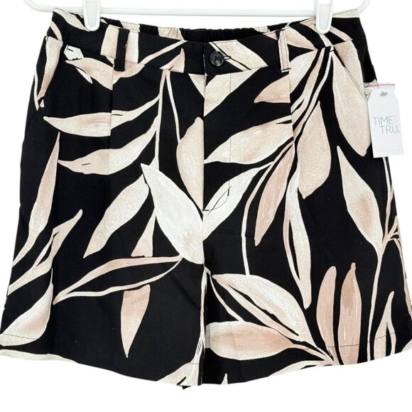 Time And Tru Women's Linen Blend Tropical Black Shorts S (4-6) Elastic Back NWT - Picture 1 of 10